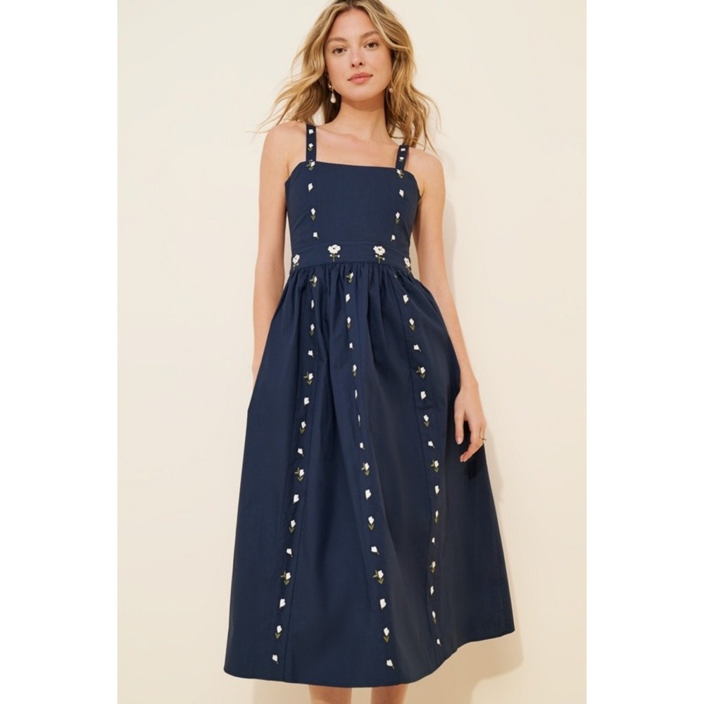 Fanm Mon Hulya Midi Dress Size Medium Navy Blue Cotton Floral $429 Cottagecore